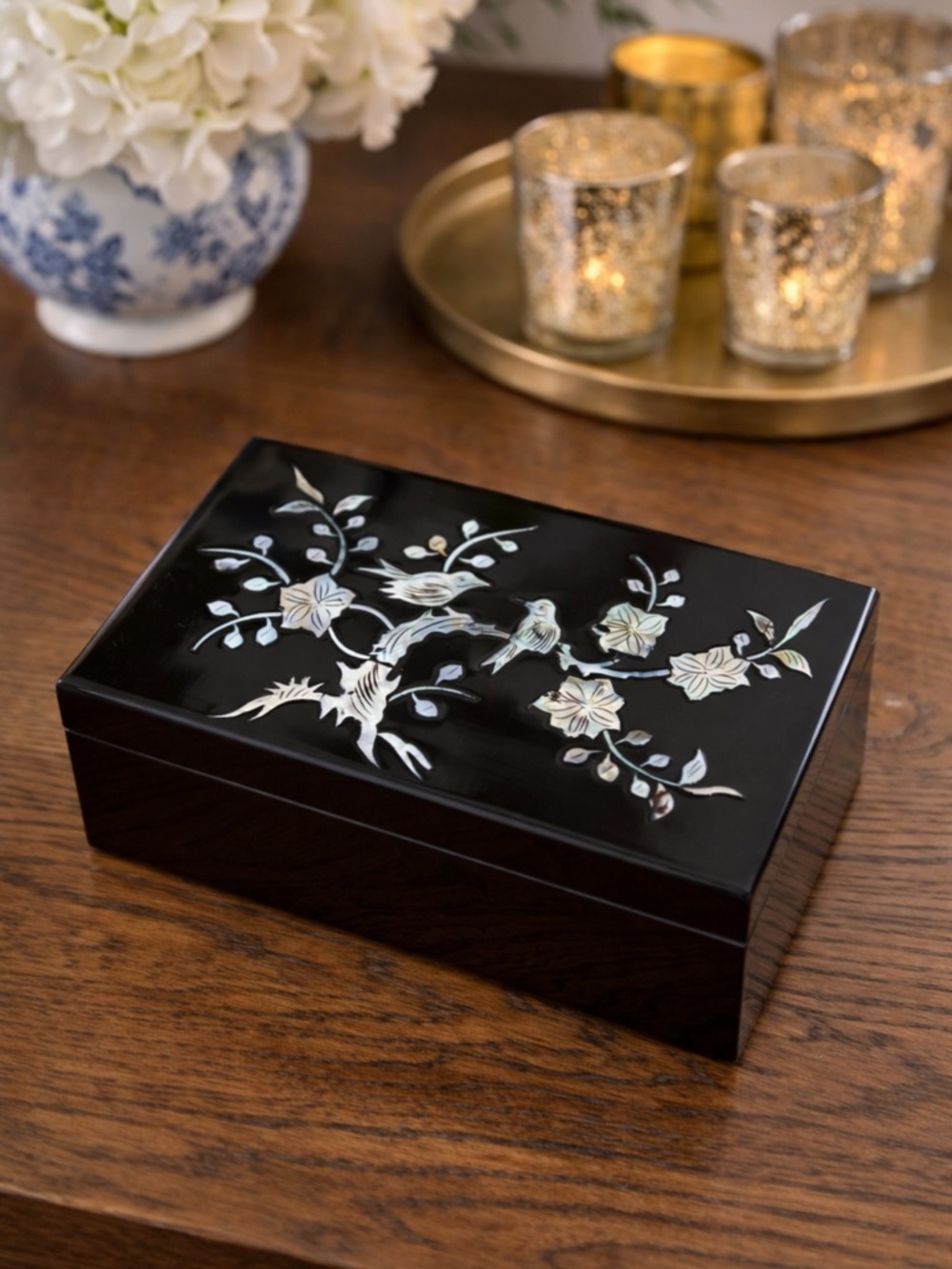 Vintage Asian Black Lacquer Inlay Mother of Pearl Bird Scene Jewelry Box